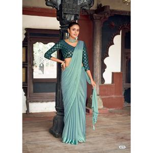 ผ้าซาติน zari ซับใส่ทำงาน Saree กับเสื้อ unstitched ท้องฟ้า - Product Image 1