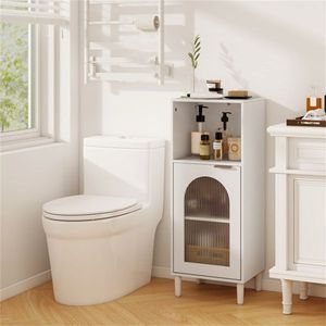 Mobiletto da Bagno in MDF Bianco con Anta Ondulata in Vetro Temperato, Ripiano Regolabile, Organizer Laterale e Dettagli in Metallo e Legno - Product Image 5