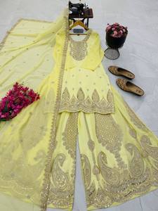 Costume brodé jaune avec dupatta, coupe ample, vêtements traditionnels indiens et pakistanais pour femmes - Product Image 6