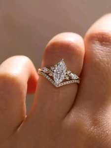 Anillo de doble banda con diamante de corte marquesa de 2.01 CT E VS1, conjunto único a juego, diamante cultivado en laboratorio, oro sólido de 14K, regalo de propuesta de matrimonio para enamorados - Product Image 1