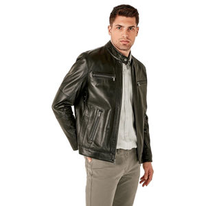 Blouson en cuir noir pour homme, col montant, style motard, coupe ajustée, multi-poches, zippé, décontracté, mode hiver, respirant, devant zippé - Product Image 1