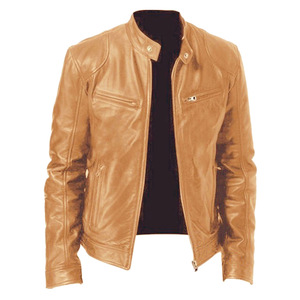 Veste en cuir noire pour homme, col montant, fermeture éclair, style motard, couleur unie, manches classiques, pour l'automne - Product Image 4