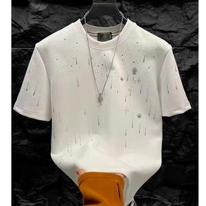 <b>Men's</b> Red Short Sleeve O-Neck T-Shirt With Rhinestone Dot Pattern Street Style Knitted Fabric Regular Fit - Product Image 2