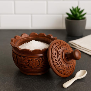 Handcrafted Rustic Wooden Sugar Pot Customized Sale Traditional Design Embossed Floral Pattern Round Shape - Product Image 1