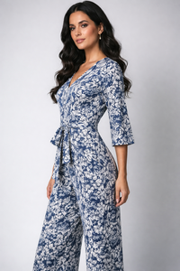 Mono de mujer azul con estampado floral, transpirable, de pierna ancha, cintura media, manga larga, informal, estilo bohemio, para verano, vacaciones, con cuello en V - Product Image 3