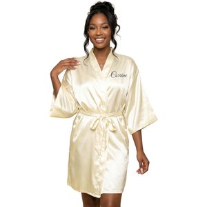 Personalized Pink Satin Bridesmaid Robe Short Sleeve Mandarin Collar <b>Knee</b> Length <b>Heat</b> Transfer Printing Back Logo Women's Elegan - Product Image 3