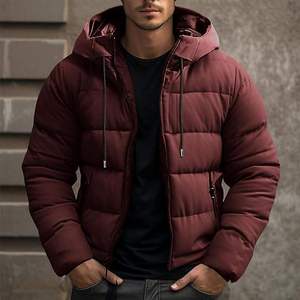 Men's <b>Burgundy</b> Hooded <b>Puffer</b> <b>Jacket</b> Windproof Zipper Closure Casual Winter <b>Jacket</b> Thick Polyester Wadding Regular Length - Product Image 1