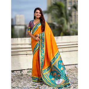 <b>Orange</b> Soft Silk Pichwai Traditional Zari Woven <b>Saree</b> Elegant Cocktail Dresses - Product Image 6