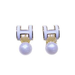 Pendientes Colgantes de Lujo Zhuji en Oro de 14K con Perla de Agua Dulce y Esmalte con Letra H en Forma de Gota, Estilo Femenino, Venta al por Mayor - Product Image 5