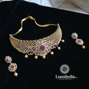 <b>Ruby</b> American Diamond Choker <b>Necklace</b> Set-Fashion Jewelry - Product Image 3