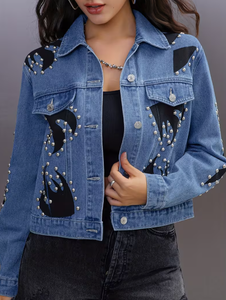 Chaqueta de mezclilla para mujer, lavado claro, con parches en contraste negros, adornos de pedrería, dobladillo desgastado, estampado floral, transpirable, formal - Product Image 5