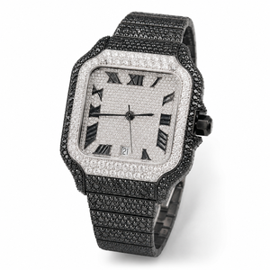 Reloj de Lujo de Dos Tonos con Incrustaciones de Moissanita, Correa de Acero Inoxidable Negra, Esfera Romana, Reloj de Cuarzo para Hombre - Product Image 5