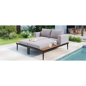 TOPMAX moderno divano letto all'aperto 2-in-1 sedie a sdraio imbottite in legno con ripiano spazi laterali per bevande balcone a bordo piscina in grigio - Product Image 1