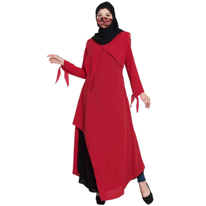 <b>Red</b> Long Sleeve Floor Length Abaya With Shawl Collar Loose Fit Modest Dress For Women Solid Color Polyester <b>Material</b> - Product Image 2