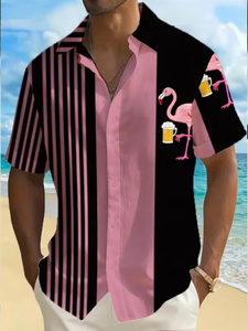 T-shirt pour homme, nouveau design, flamant rose, bière, chemise hawaïenne pour homme, rose et noir contrastés, graphique respirant, léger, chemise de vacances - Product Image 5