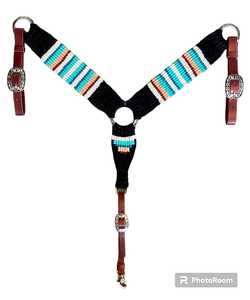 Collier de poitrage pour cheval Western personnalisé, motif Navajo perlé, cuir bleu sarcelle, orange et noir, extrémités en laine, tailles Full/Cob, marque BREASTCOLLAR - Product Image 1