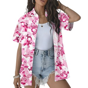 Camisa hawaiana con lazo rosa para mujer, camiseta de apoyo al cáncer de mama, camisa de playa para vacaciones de verano, linda camisa con botones con estampado floral y de mariposas - Product Image 1