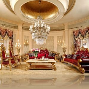 Ensemble de canapés de luxe The Plaza en bois d'acajou sculpté rouge et or, style transitionnel en forme de S, rembourrés en éponge, pour salon - Product Image 1