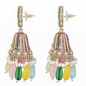 Boucles d'oreilles chandelier plaquées or avec cristaux et strass sertis, pampilles de perles, style bohème pour femme, bijoux de mariage - Product Image 2