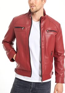 <b>Men</b> Red PU <b>Leather</b> Moto Biker <b>Jacket</b> Zipper Front Stand Collar Slim Fit Solid Color Regular Sleeve Autumn Style - Product Image 2