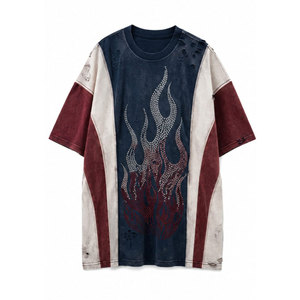 Men's Oversized Cotton T-<b>Shirt</b> Short Sleeve O-Neck <b>Flame</b> Rhinestone Print Contrast Trim Street Style Rhinestone T-<b>Shirts</b> - Product Image 2