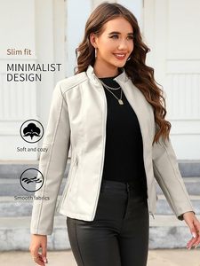 เสื้อแจ็คเก็ตมอเตอร์ไซค์ผู้หญิงสีขาว หนัง PU ทอแบบสาน สำหรับใส่กลางแจ้ง แขนยาว ปิดด้วยซิป คอปกพับได้ สไตล์ฤดูใบไม้ร่วง - Product Image 4
