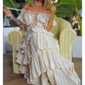 Vestido de Maternidad Moderno Bohemio de Encaje con Hombros Descubiertos, Estilo Princesa, Maxi Vestido con Volantes y Espalda Descubierta, 100% Algodón, Largo hasta el Suelo, Ecológico - Product Image 4