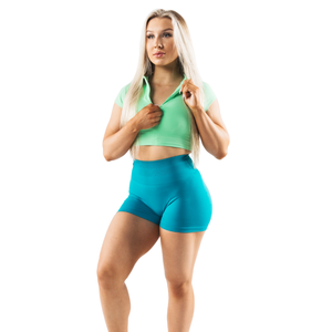เสื้อชั้นในกีฬา Aurora Green แขนสั้น ซิปหน้า ไร้ตะเข็บ ยืดหยุ่นได้ เหมาะสำหรับโยคะ ฟิตเนส ออกกำลังกาย เสื้อครอปท็อป - Product Image 3