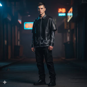 Chaqueta de Cuero PU Negra Personalizada para Hombre, Estilo Urbano, con Gráfico de Llama Bordado, Manga Corta, Transpirable, Tallas Grandes, Camisas Hip Hop - Product Image 4