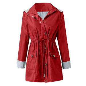 Women Hooded <b>Rain</b> <b>Jacket</b> Drawstring Waist Striped Lined Waterproof Mid Length Outdoor Ladies Coat Navy Red Olive Raincoat - Product Image 3