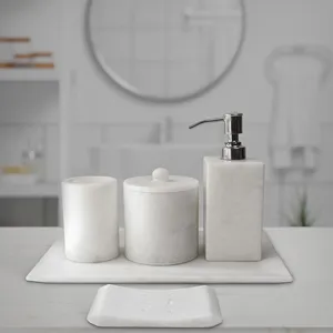 Juego de Accesorios de Baño de Lujo en Mármol Blanco Moderno, Organizador de Piedra, Ecológico, Duradero e Impermeable para el Hogar - Product Image 1