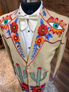 Completo da uomo in stile western color crema con ricami floreali e cactus – Set giacca e pantaloni da cowboy per matrimonio - Product Image 3