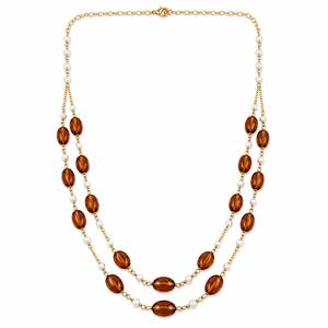 Collier personnalisé plaqué rhodium avec perle ovale en quartz fumé et perle d'eau douce, chaîne double couche, bijoux de mariée de luxe pour femme - Product Image 2