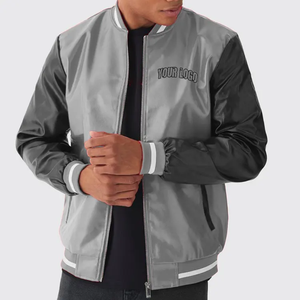 Men's Gray Bomber Jacket With Black Sleeves Embroidered Logo Zipper Closure Casual Autumn Wear - Product Image 1