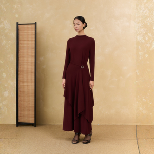 Vestido Midi de Punto Borgoña de Verano con Cuello Alto, Manga Regular, Rayas y Botones, Estilo Minimalista y Sencillo, Tejido Elástico, ODM OEM - Product Image 1