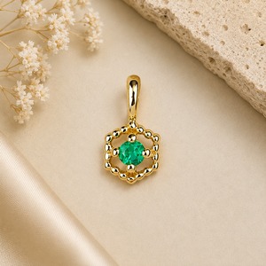 <b>Emerald</b> Quartz Hexagon <b>Pendant</b> 8 mm Round Gemstone Prong Charm Birthstone Gold Plated <b>Pendant</b> Necklace Gift For Her - Product Image 1