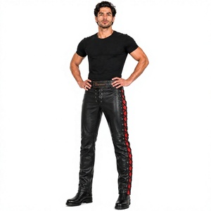 Pantalon Moto Homme en Cuir Noir Respirant Multi-Poches avec Bande Latérale Rouge à Lacets, Taille Mi-Haute, Style Workwear pour l'Automne - Product Image 1