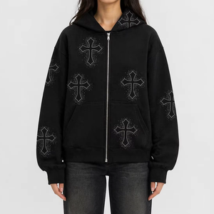 Sudadera con capucha de otoño con cremallera y cruz de diamantes de imitación, de alta calidad, estilo gótico, unisex, streetwear, con logotipo bordado personalizado, colores OEM/ODM - Product Image 2