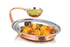 Traditional Hammered Copper Karahi Set 2 Pack Stainless Steel Lined Wok Serving Pan Brass Handles Indian Tableware - Product Image 4