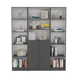 Set di Librerie da Soggiorno June a 3 Pezzi, Grigio Opaco/Bianco, Larghezza 152 cm con 13 Ripiani e Mobile a 2 Ante - Product Image 2