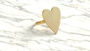 Bague de cocktail de luxe en or 18 carats avec pavé de diamants en forme de cœur, grande, surdimensionnée, plate, massive, légère et tendance - Product Image 3
