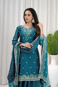 Fendy Silk Sequins Heavy Embroidered Tunic Top With Micro Cotton Lined Elastic Sharara Pants And Dupatta <b>3</b> <b>Piece</b> Set UV 157 - Product Image 4