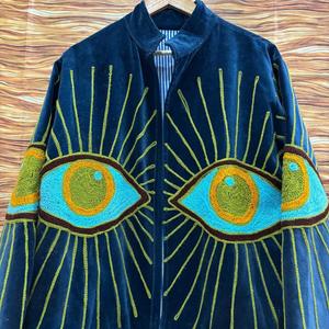 Chaqueta de terciopelo bordada con ojo turco para mujer, abrigo bohemio artístico hecho a mano, prenda exterior de moda. - Product Image 3