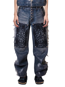 Jean en denim pour homme HaiYao 2026, haute qualité, personnalisé, effet vieilli, avec rivets et sequins, coupe large, style streetwear hip-hop, OEM ODM, en coton respirant - Product Image 1