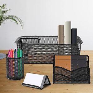 Ensemble d'organisateurs de bureau minimalistes en métal avec paniers en maille et porte-stylos pour le rangement de bureau - Product Image 1