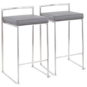 Contemporary Fuji Counter <b>Stool</b> by Fuji Set of 2 Stainless Steel with Grey Faux <b>Leather</b> Cushion Stackable Dining Chairs - Product Image 1