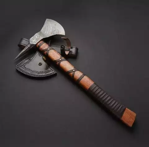 Handmade <b>Axe</b> Damascus Steel Blade Wood <b>Handle</b> With Leather Sheath Outdoor Knife - Product Image 4