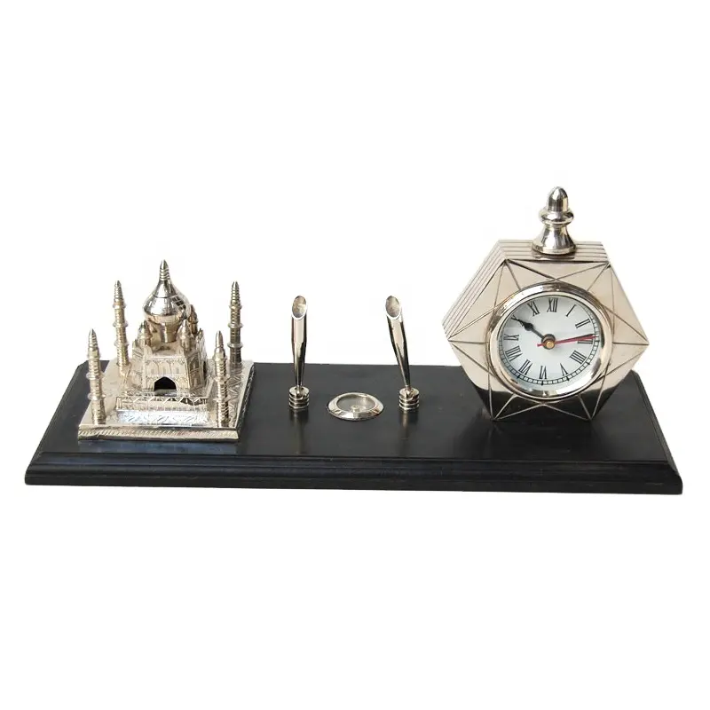 Portapenne decorativo da tavolo con orologio Taj Mahal nichelato e portapenne nautica