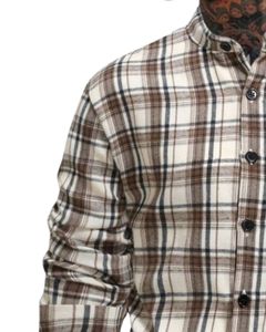 Camisa a cuadros beige y marrón para hombre, con cuello de banda, de algodón y poliéster, manga larga, con botones, para venta al por mayor, OEM, exportación. - Product Image 3
