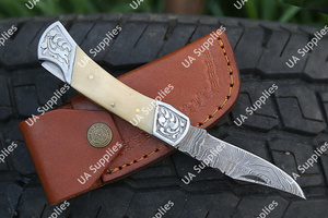 Damascus Steel Razor Sharp Industrial Grade Folding Knife Hand Engraved Camel Bone Handle Leather Sheath OEM/ODM Customizable - Product Image 3